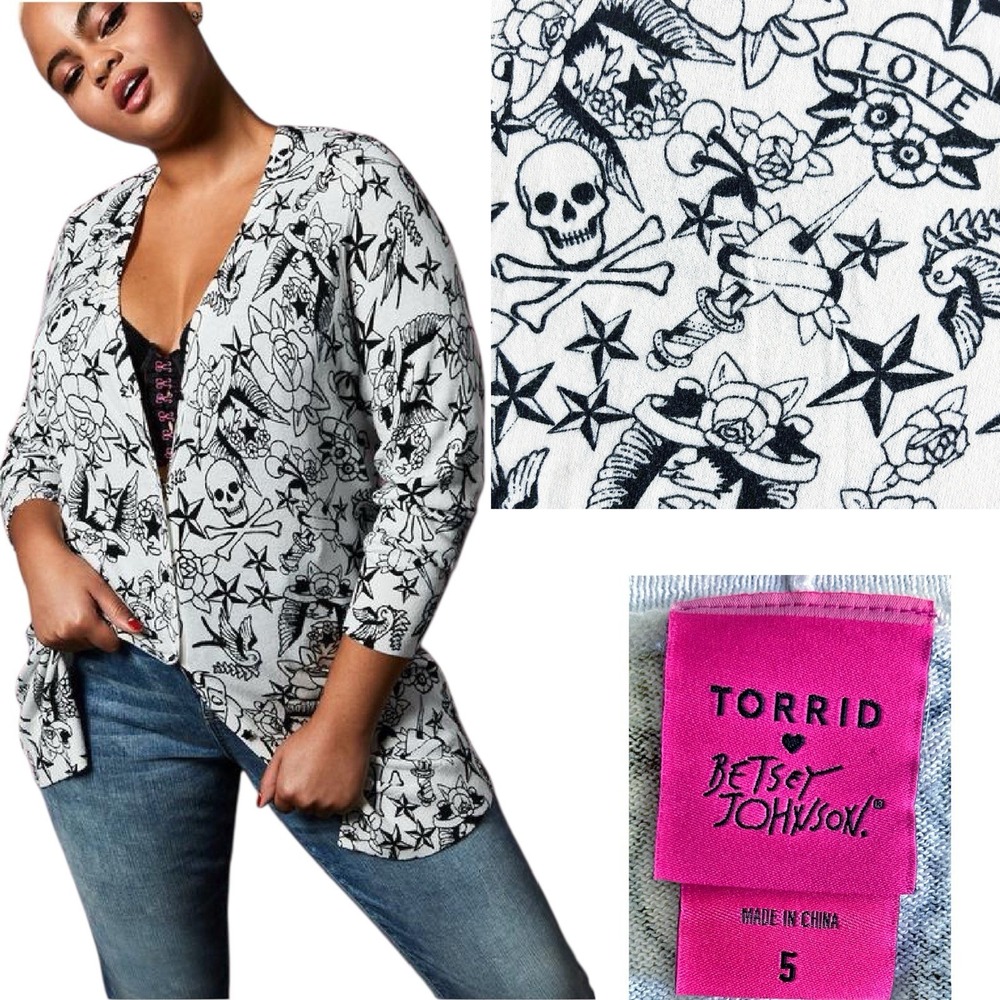 Betsey Johnson White Tattoo-Print Open Cardigan